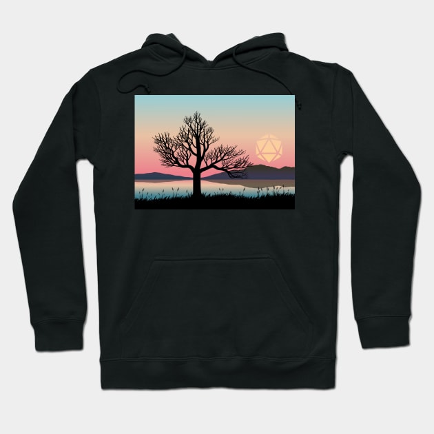 Pastel Sunset 20 Sided Polyhedral Dice Sun Dead Tree Landscape Hoodie by pixeptional